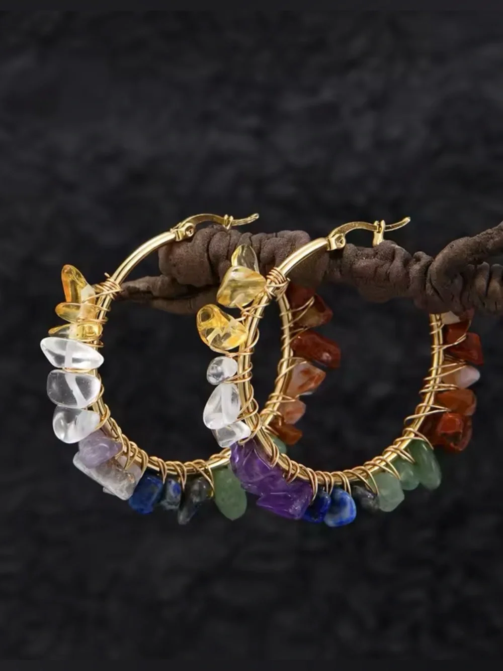 Gold Hoop Earrings with Multicolor Gemstone Chips